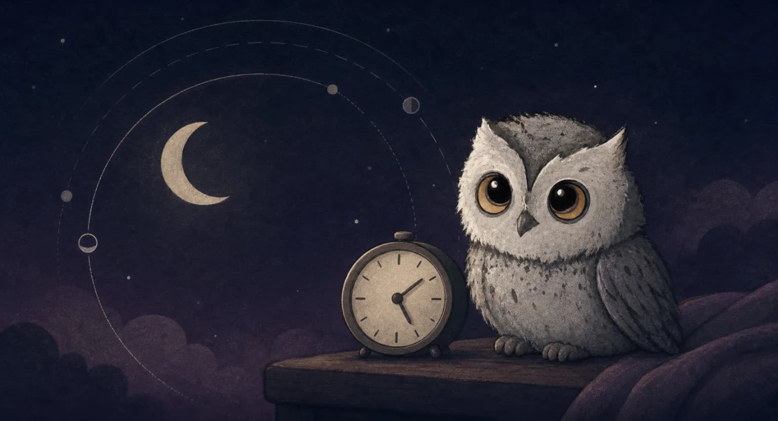 An owl beside an alarm clock under a crescent moon